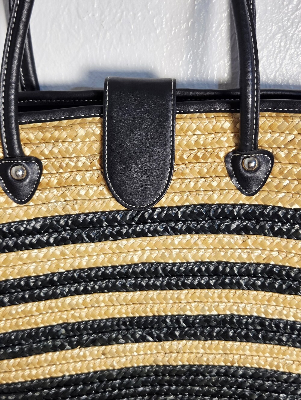 Black & Natural Straw Tote Bag with Leather Handles - Picture 3 of 8